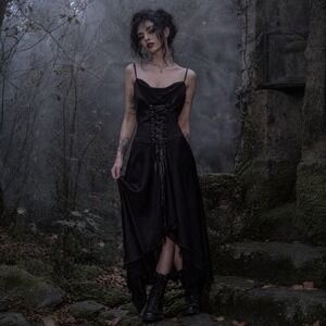 Cachet Black Satin Corset Midi Dress Lace-Up Whimsy Goth Fairy Grunge Y2K